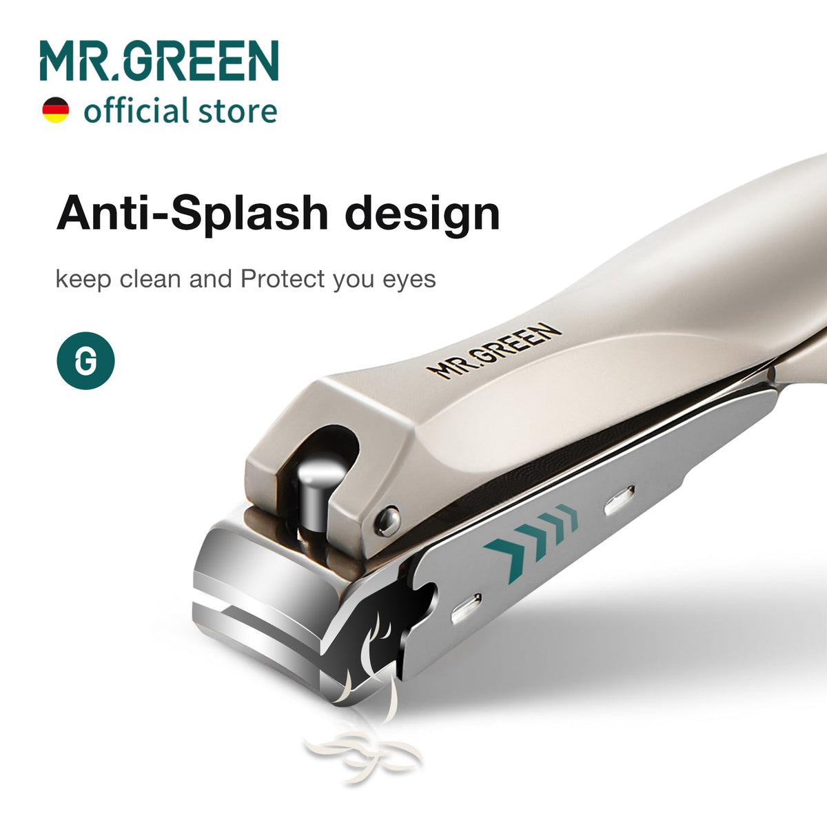 MR.GREEN side view highlighting anti-splash chamber for cleaner trimming