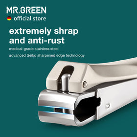 MR.GREEN sliding slot open showing collected clippings for hygienic disposal