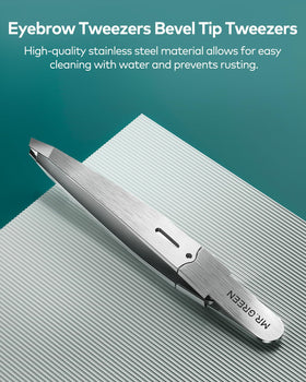 MR.GREEN tweezers next to coin showing compact travel-friendly size advantage