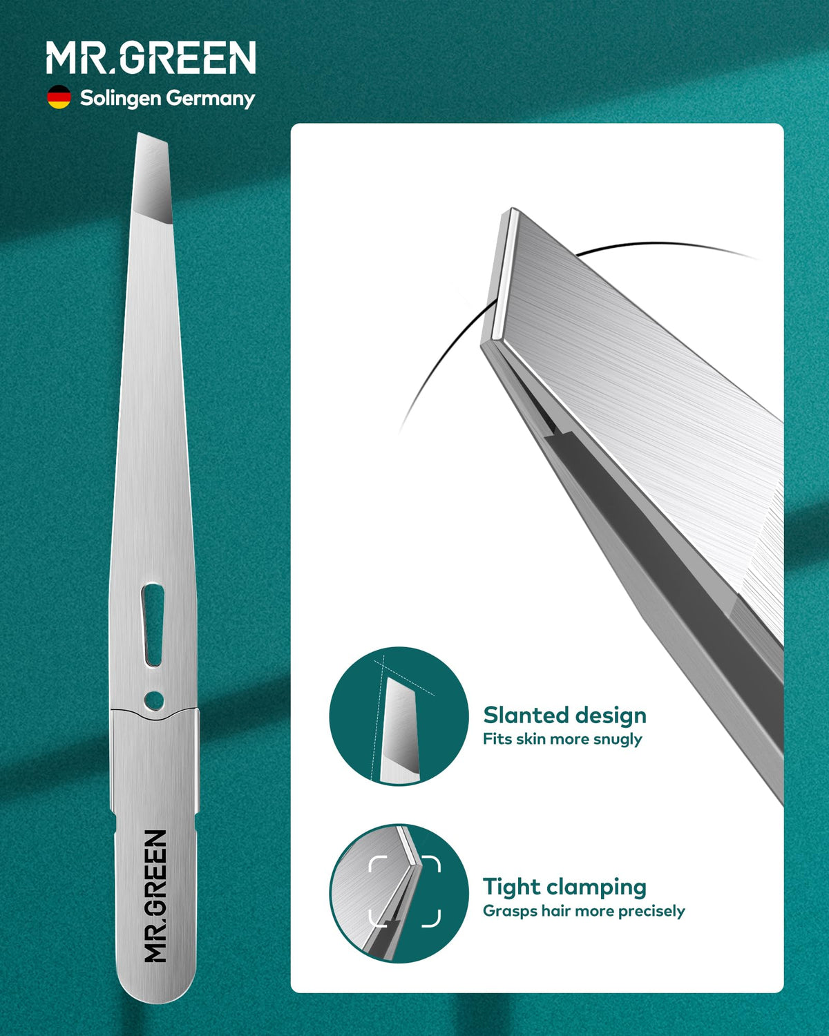 MR.GREEN close-up of slanted tip demonstrating precise hair grip and accuracy