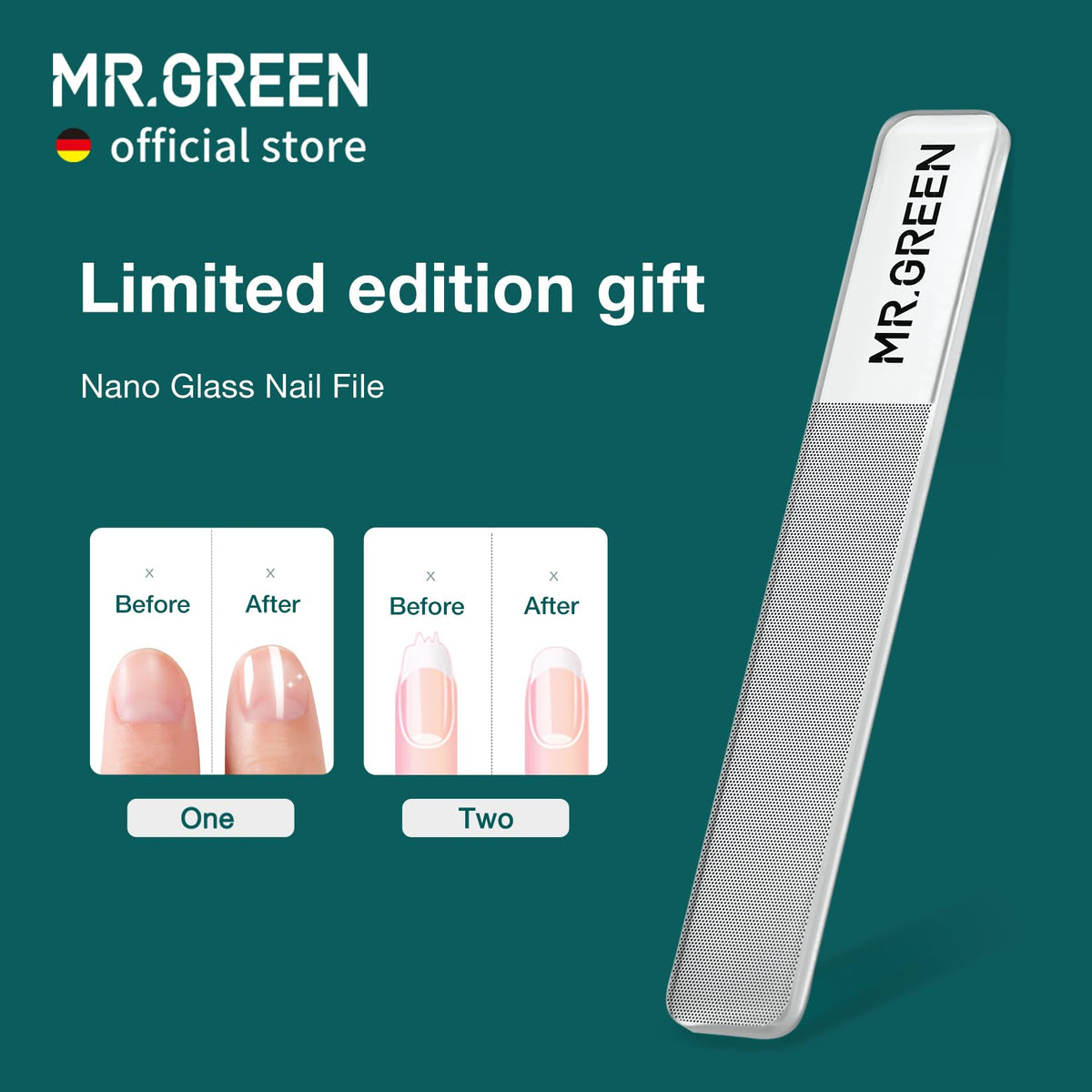 MR.GREEN with nano glass file included for smooth finishing and convenience