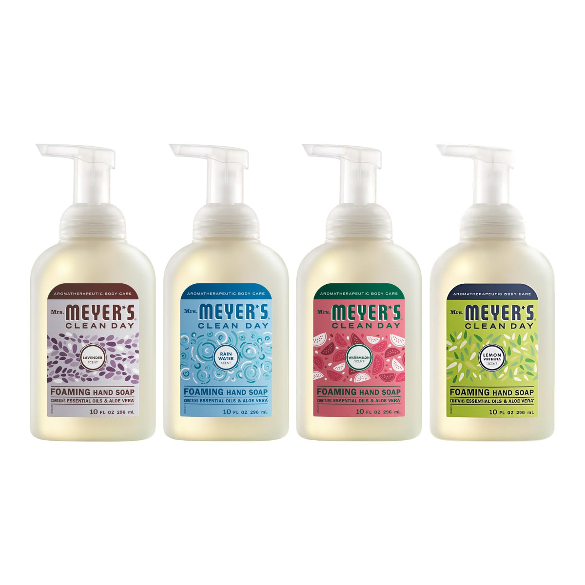 Mrs. Meyer's four-pack front packaging showing scent variety and convenience