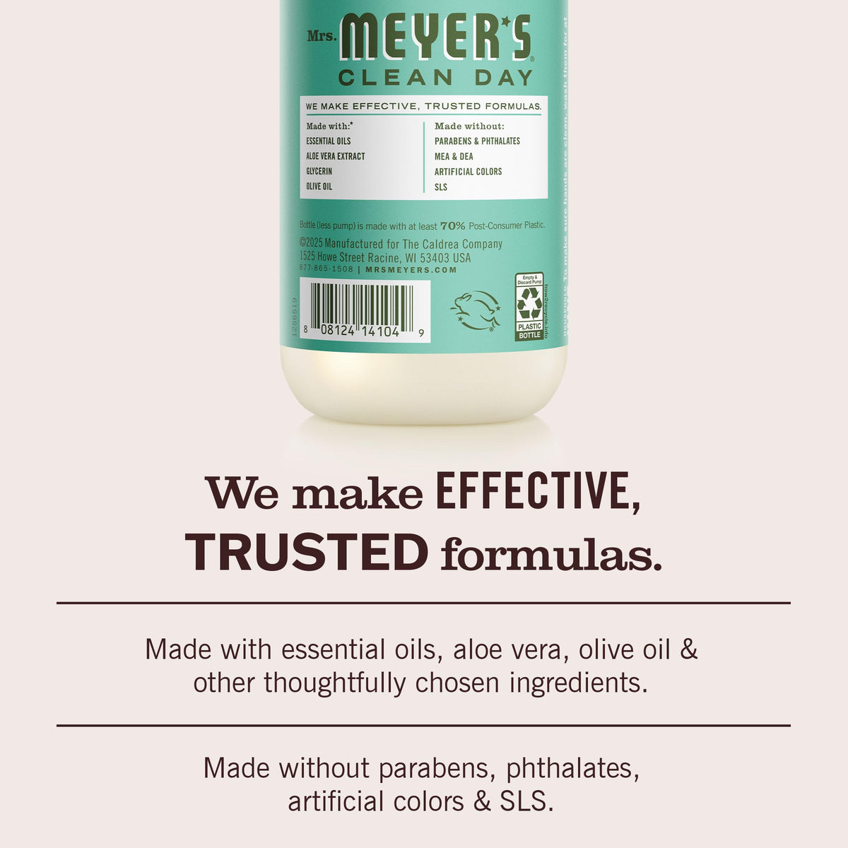 Mrs. Meyer's basil bottle label detail, readable ingredients and garden-inspired scent benefits