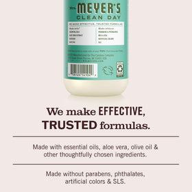 Mrs. Meyer's basil bottle label detail, readable ingredients and garden-inspired scent benefits