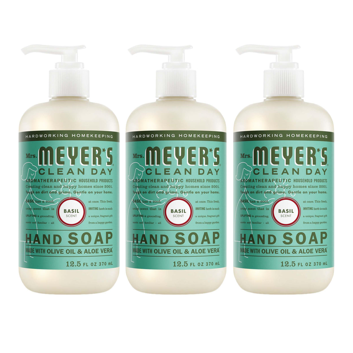 Mrs. Meyer's basil front packaging showing three bottles and clear label benefit soft hands