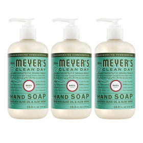 Mrs. Meyer's basil front packaging showing three bottles and clear label benefit soft hands