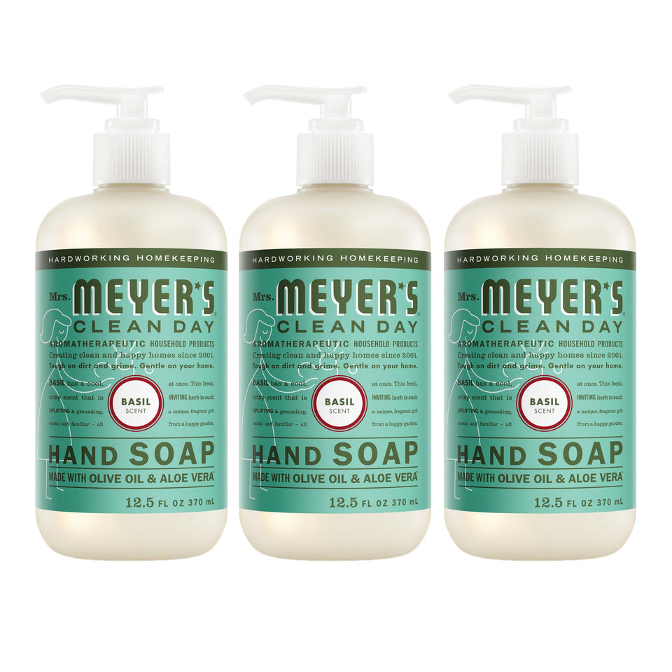 Mrs. Meyer's basil front packaging showing three bottles and clear label benefit soft hands