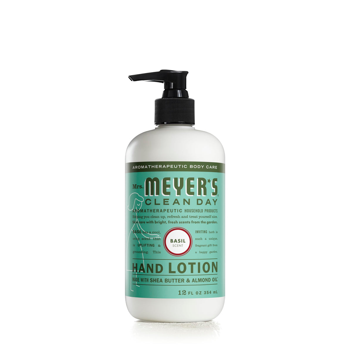 Mrs. Meyer's basil hand lotion front packaging showing bottle and label with easy-pump benefit