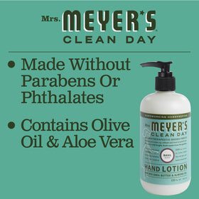 Person applying Mrs. Meyer's basil hand lotion to dry hands for fast hydration benefit