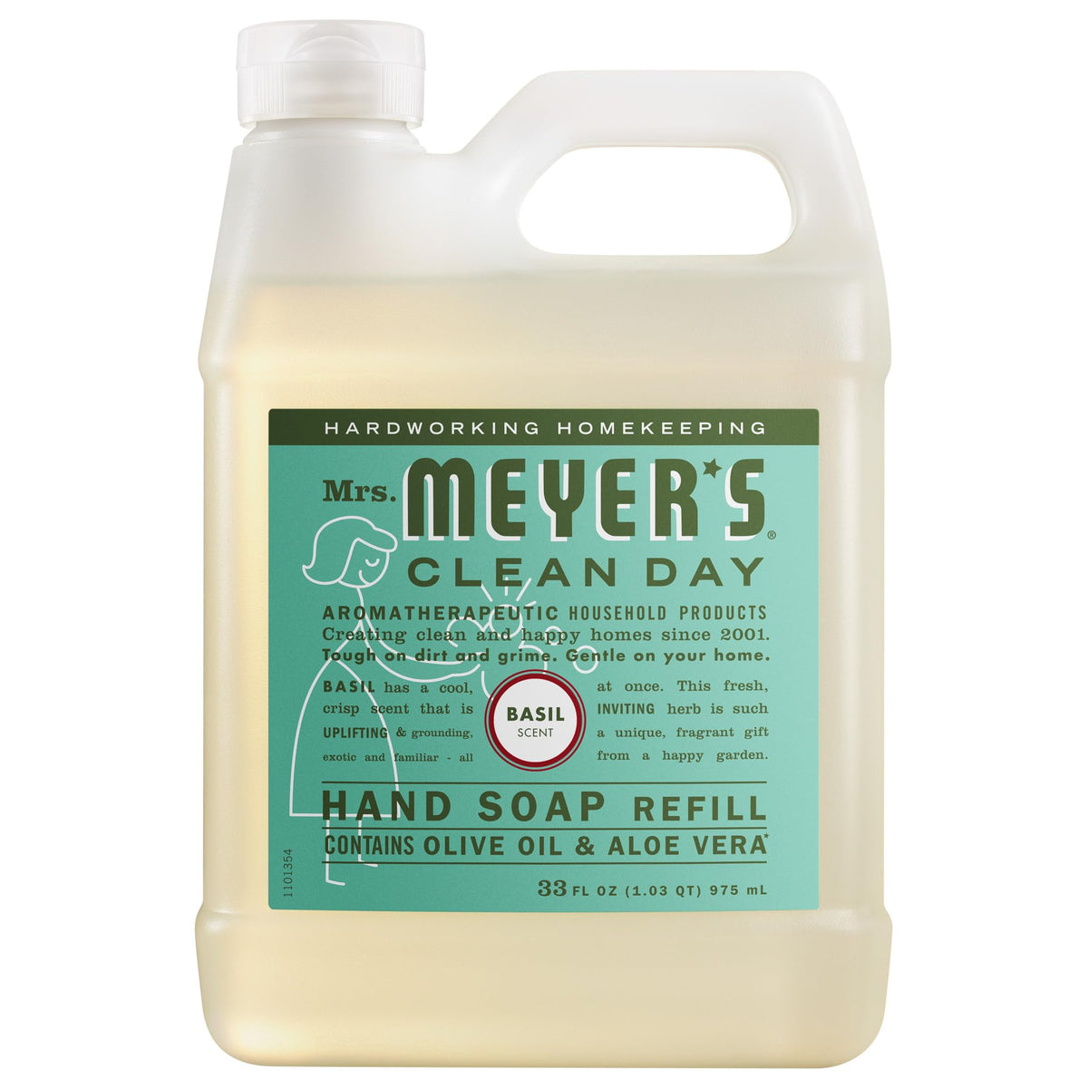 Mrs. MEYER'S front label of basil refill showing product identity and benefit