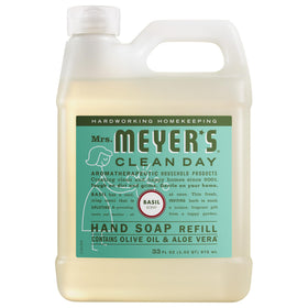 Mrs. MEYER'S front label of basil refill showing product identity and benefit