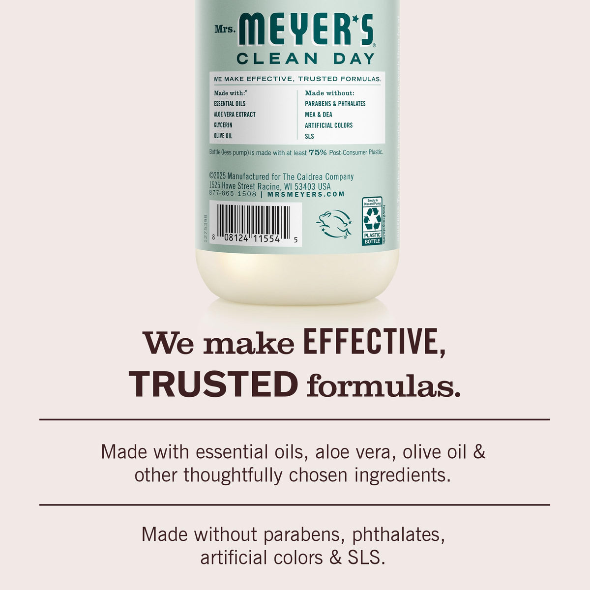 Mrs. MEYER'S label detail highlighting Birchwood scent and ingredient callouts for informed shoppers