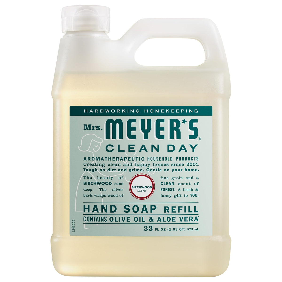 Mrs. MEYER'S front view of Birchwood 33 fl oz refill showing clean packaging and benefit