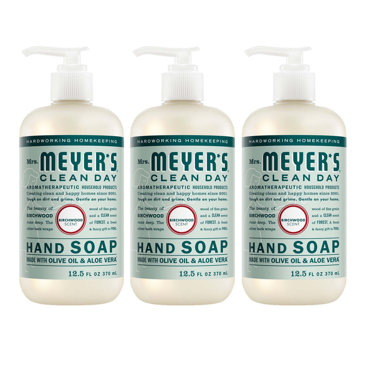 Mrs. MEYER'S Birchwood front packaging showing three bottles and clear labeling, inviting clean hands