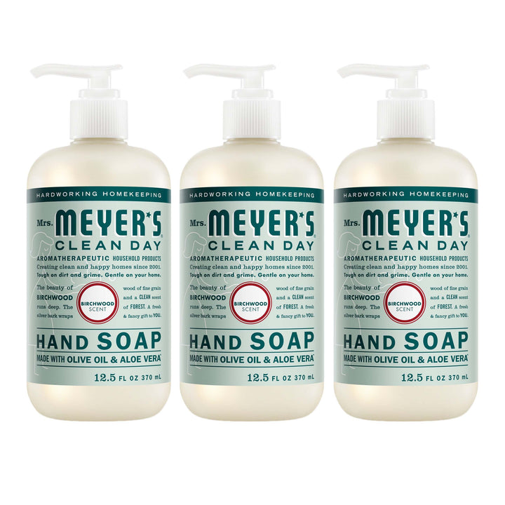 Mrs. MEYER'S Birchwood front packaging showing three bottles and clear labeling, inviting clean hands