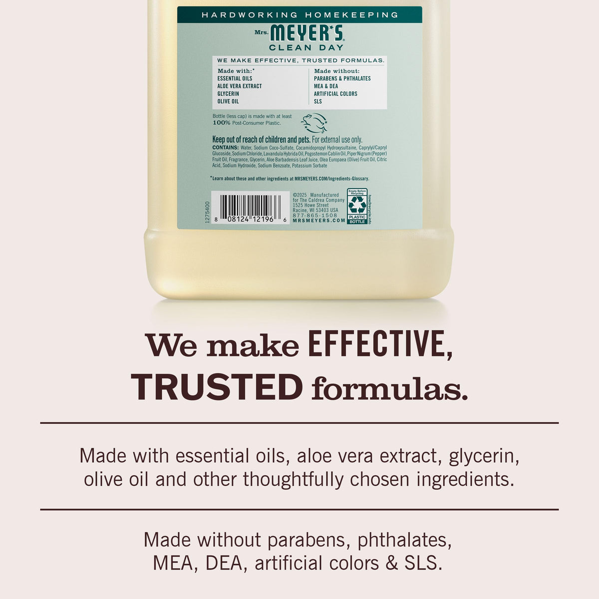 Mrs. MEYER'S label detail with scent notes visible and ingredient clarity benefit