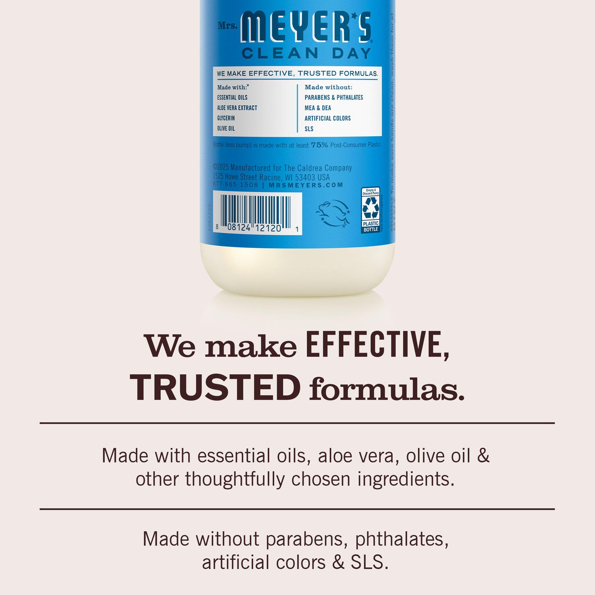 Mrs. MEYER'S label close-up highlighting plant-based ingredient benefits