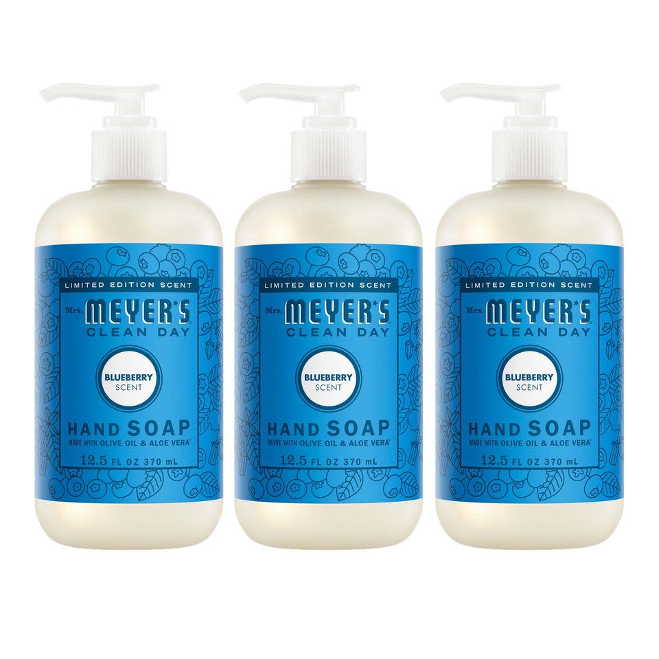 Mrs. MEYER'S front bottle showing blueberry scent and clean packaging benefit