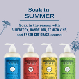Mrs. MEYER'S Blueberry bottle close-up highlighting label and moisturizing formula benefit