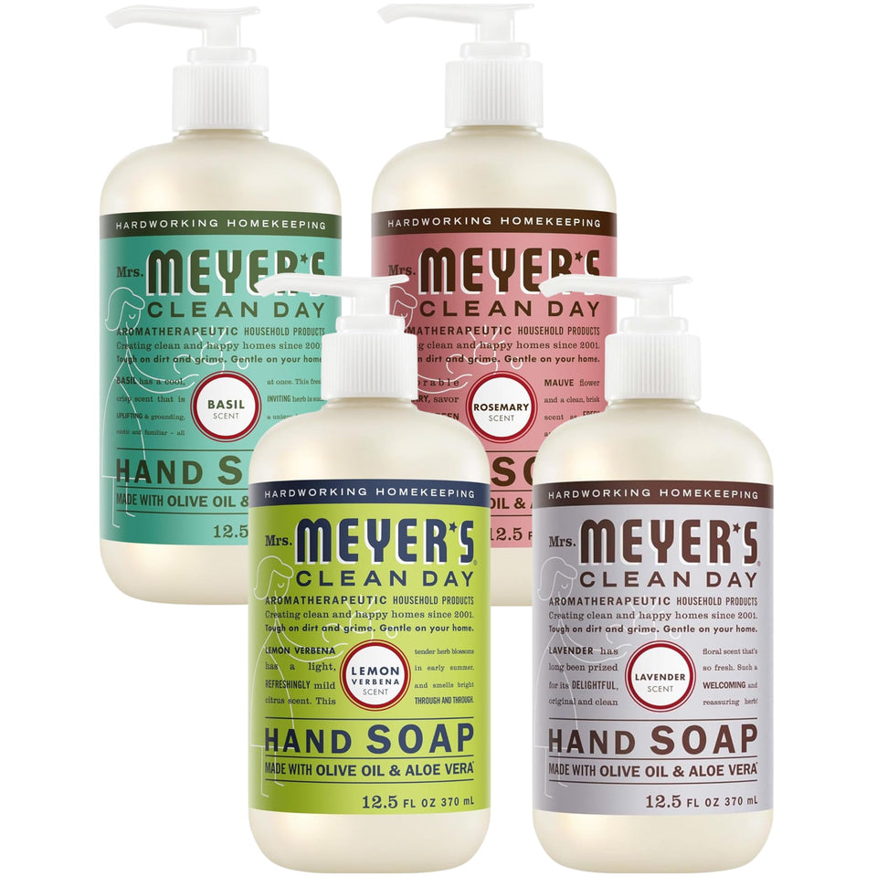 Mrs. MEYER'S front packaging showing variety pack and neat pump bottles for easy placement