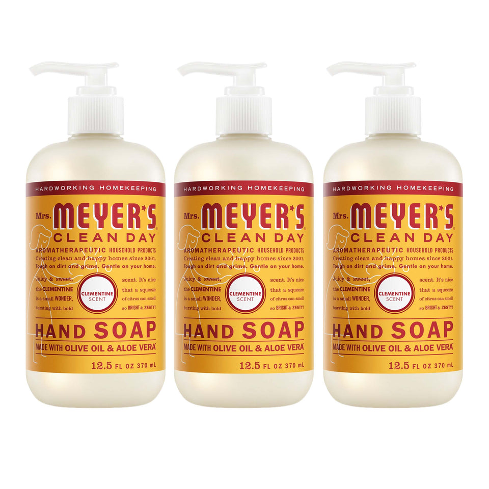 Mrs. Meyer's clementine front packaging showing trio bottles and bright label benefit: cheerful scent