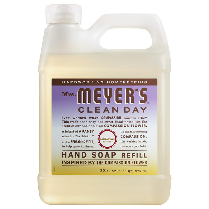 Mrs. MEYER'S Compassion Flower refill bottle front view showing size and label benefit