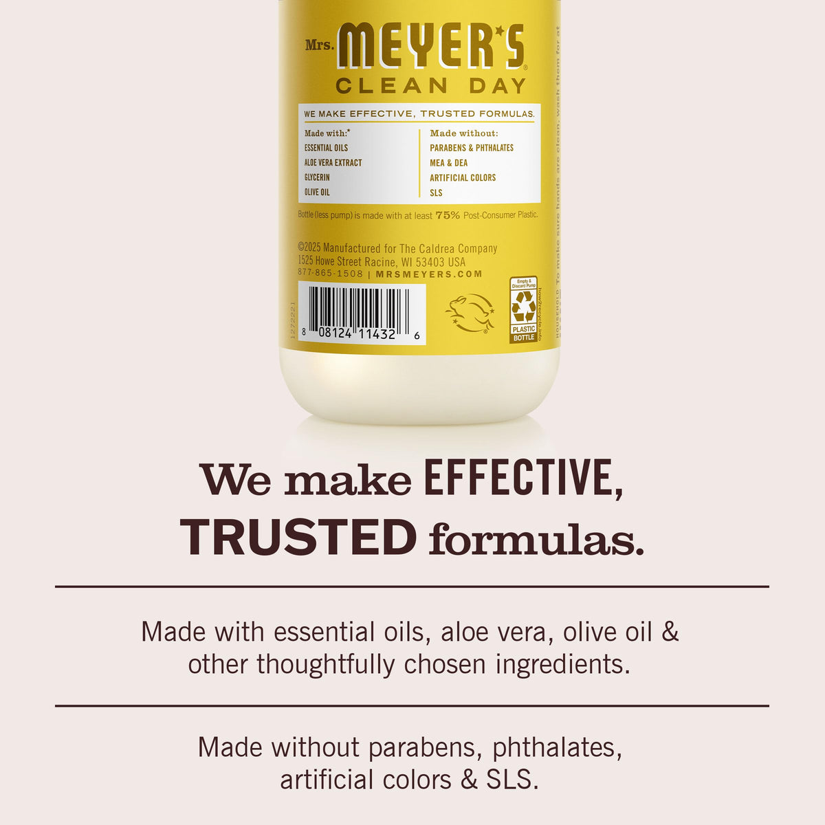 Mrs. MEYER'S bottle label close-up highlighting ingredient transparency and scent notes