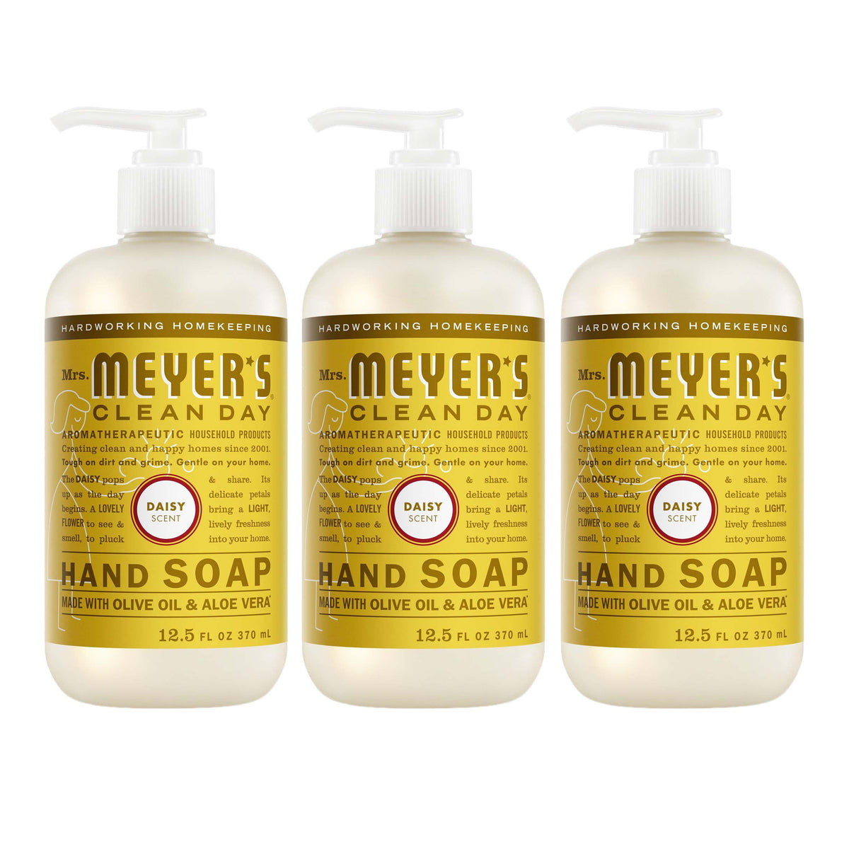 Mrs. MEYER'S front packaging showing Daisy scent and three bottles for convenience