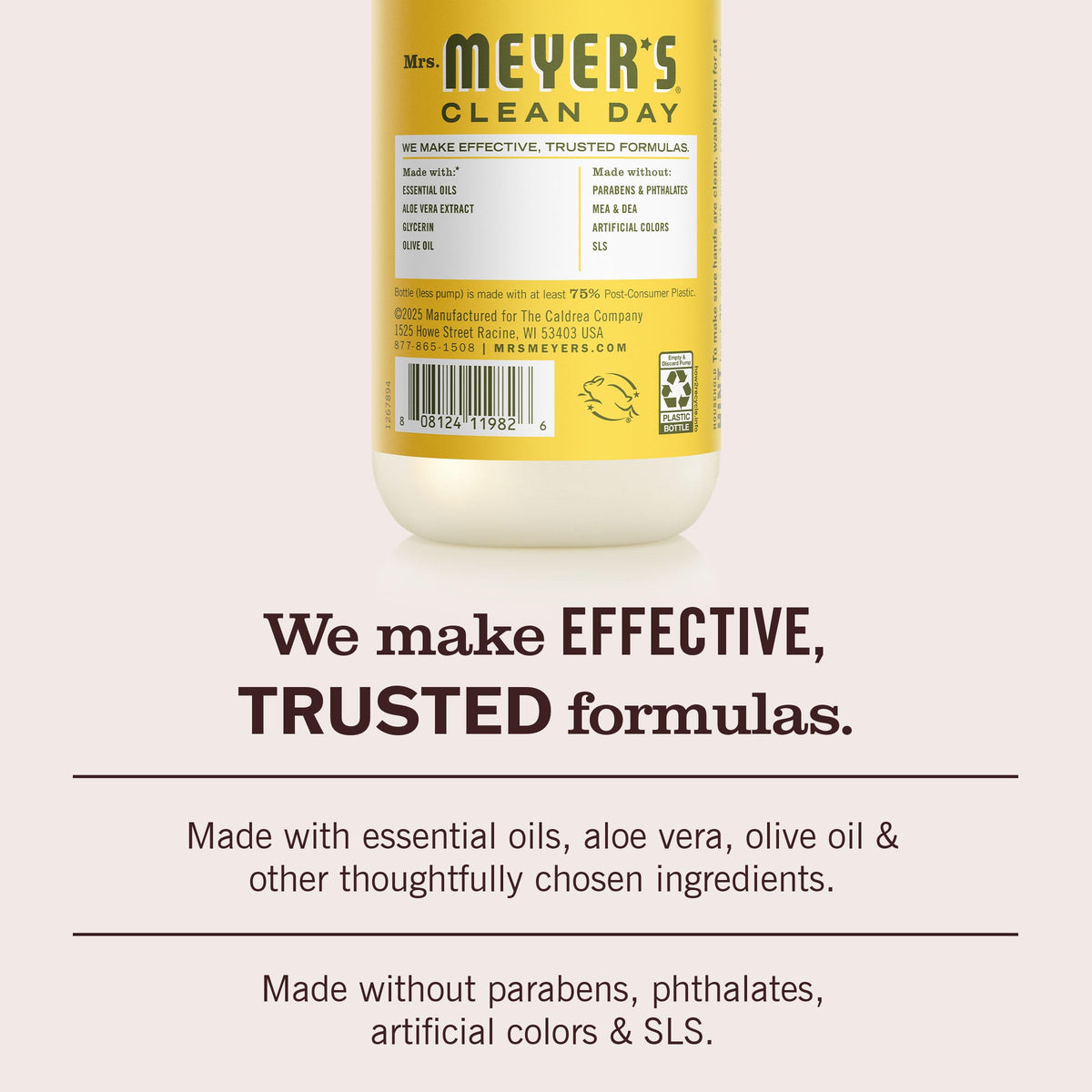 Mrs. MEYER'S label detail with ingredient highlights visible up close