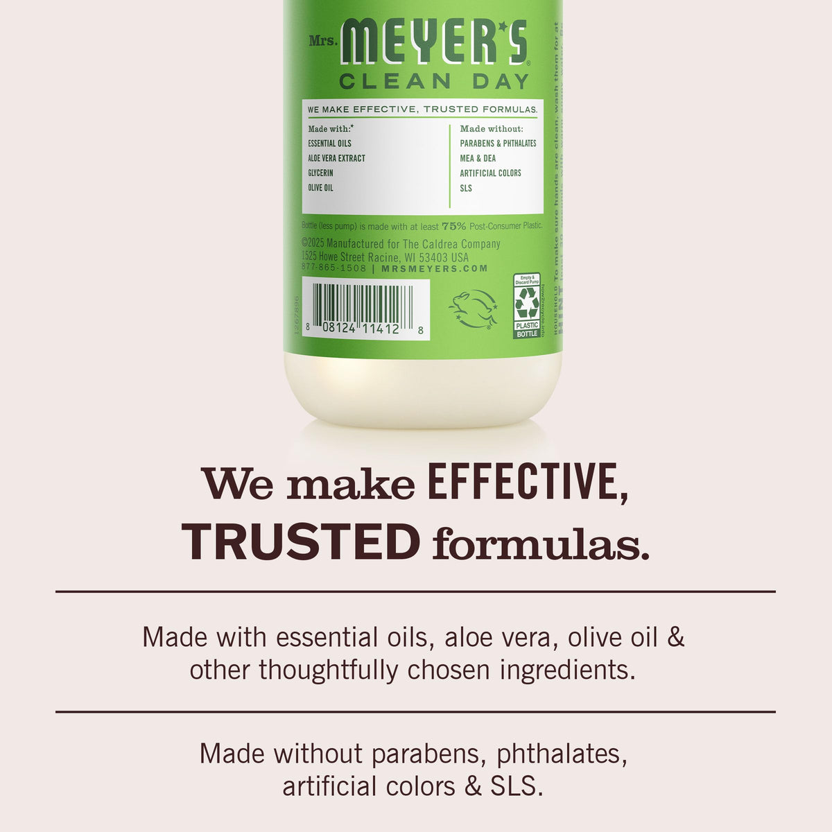 Mrs. MEYER'S ingredient label highlighting plant-derived and safe components