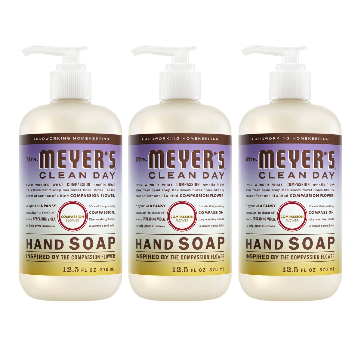 Mrs. MEYER'S front bottle showing Compassion Flower scent and clear labeling