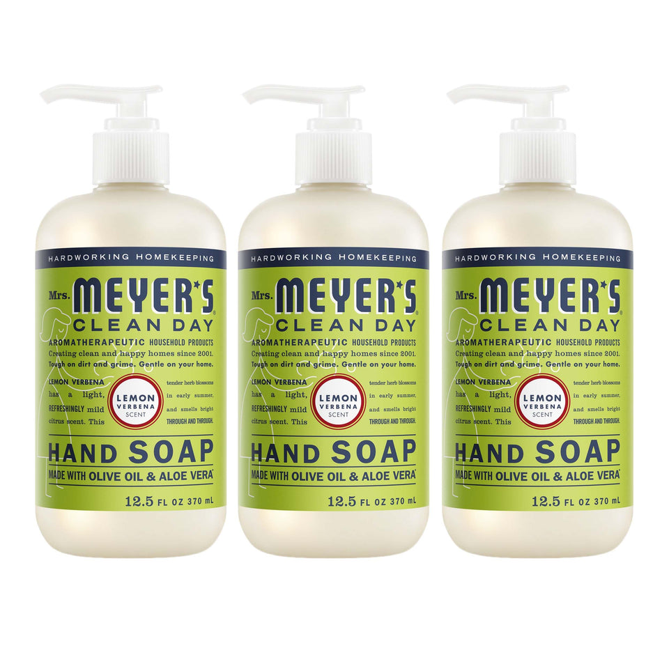 Mrs. Meyer's three bottles front view showing bright citrus scent and tidy presentation