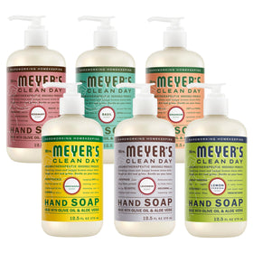 Mrs. MEYER'S front pack shot showing six scented soap bottles and inviting fragrances