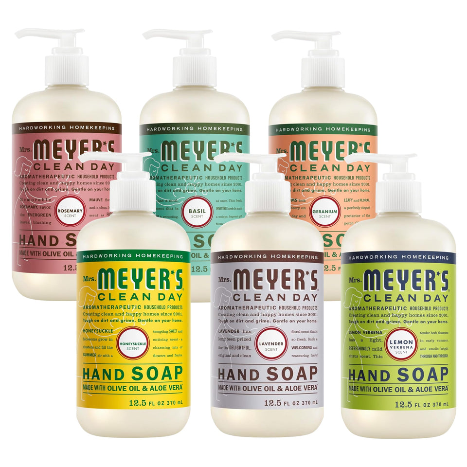 Mrs. MEYER'S front pack shot showing six scented soap bottles and inviting fragrances