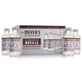 Mrs. MEYER'S lavender refill pack front view showing four concentrate bottles and benefits