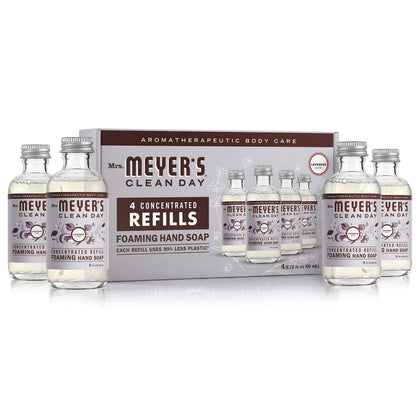 Mrs. MEYER'S lavender refill pack front view showing four concentrate bottles and benefits
