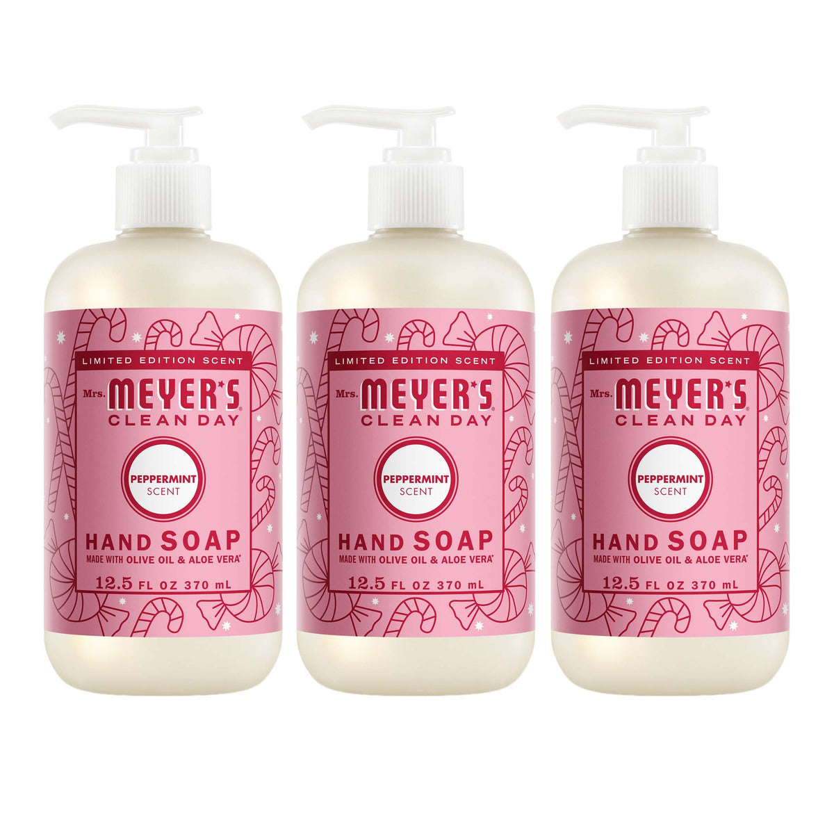 Mrs. MEYER'S front packaging showing peppermint scent and pack of three, conveys freshness