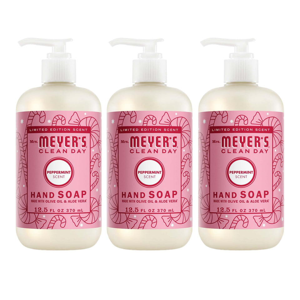 Mrs. MEYER'S front packaging showing peppermint scent and pack of three, conveys freshness