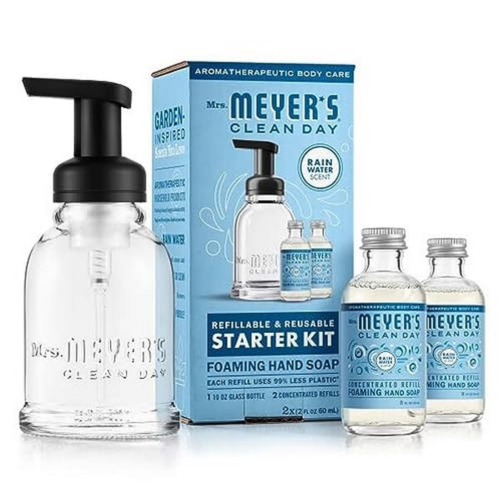 Mrs. MEYER'S front packaging showing Rain Water starter kit and scent benefit