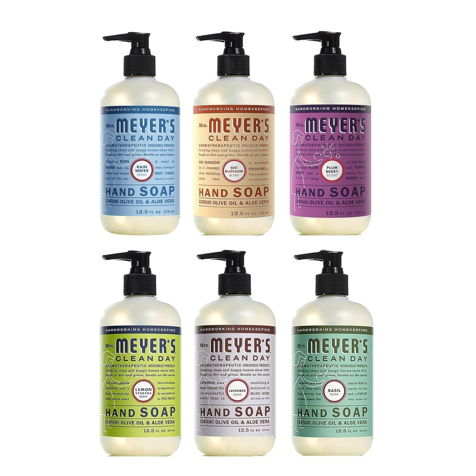 Mrs. MEYER'S six-bottle front pack showing assorted scents and easy-pump benefit