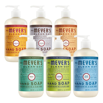 Mrs. MEYER'S front packaging showing six scented hand soap bottles benefits easy variety