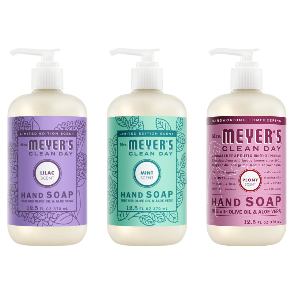 Mrs. MEYER'S front packaging showing three scent bottles and practical variety