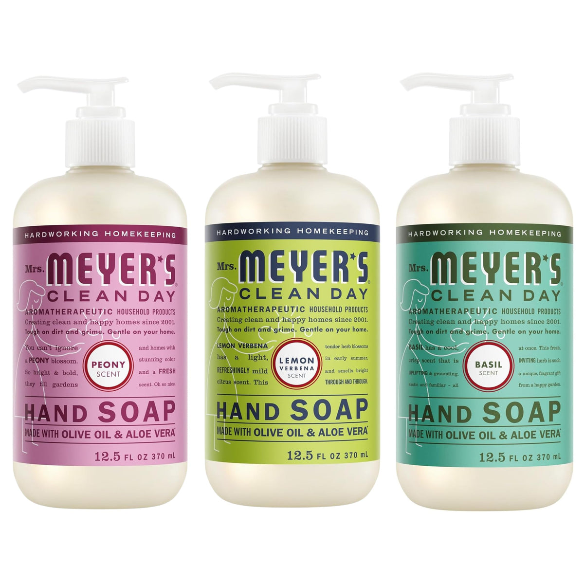 Mrs. MEYER'S front packaging showing three bottles and scent variety benefits
