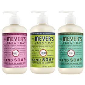 Mrs. MEYER'S front packaging showing three bottles and scent variety benefits