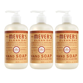 Mrs. MEYER'S front packaging showing three bottles and clear benefits