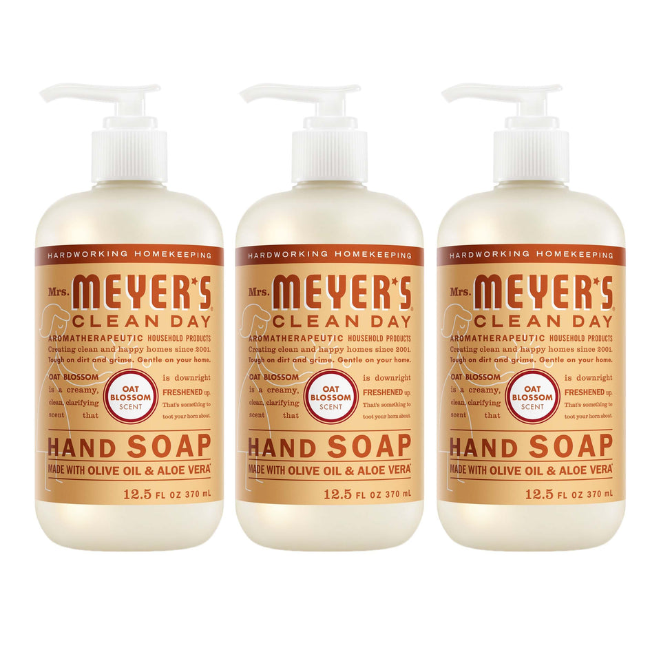 Mrs. MEYER'S front packaging showing three bottles and clear benefits