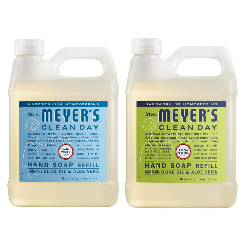 Mrs. MEYER'S front view of Lemon Verbena and Rain Water refill pouches, convenient refill option
