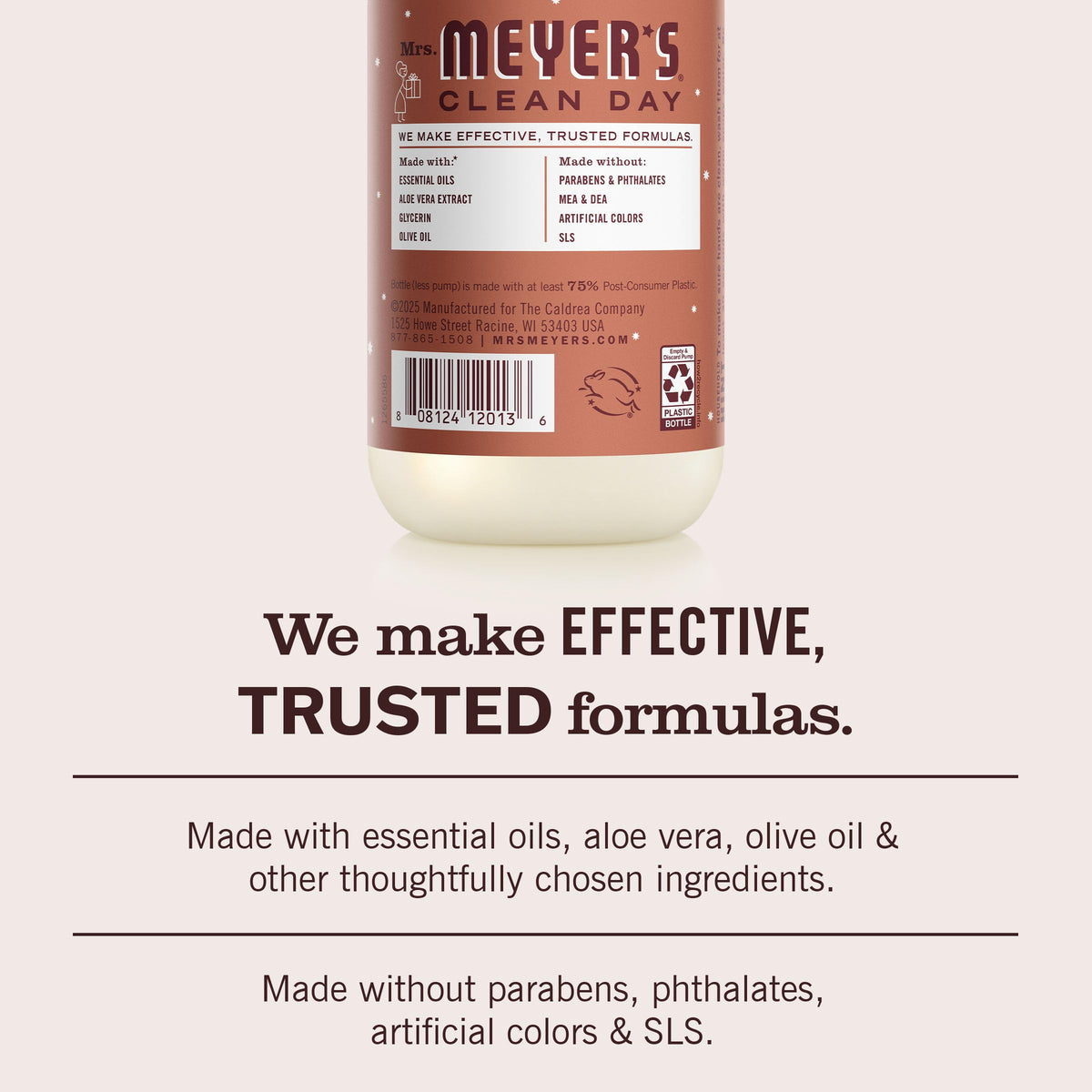 Mrs. MEYER'S bottle held in hand showing size and convenient pump benefit