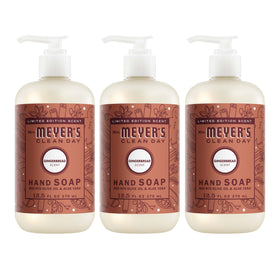 Mrs. MEYER'S front packaging showing three gingerbread soap bottles and cozy benefit