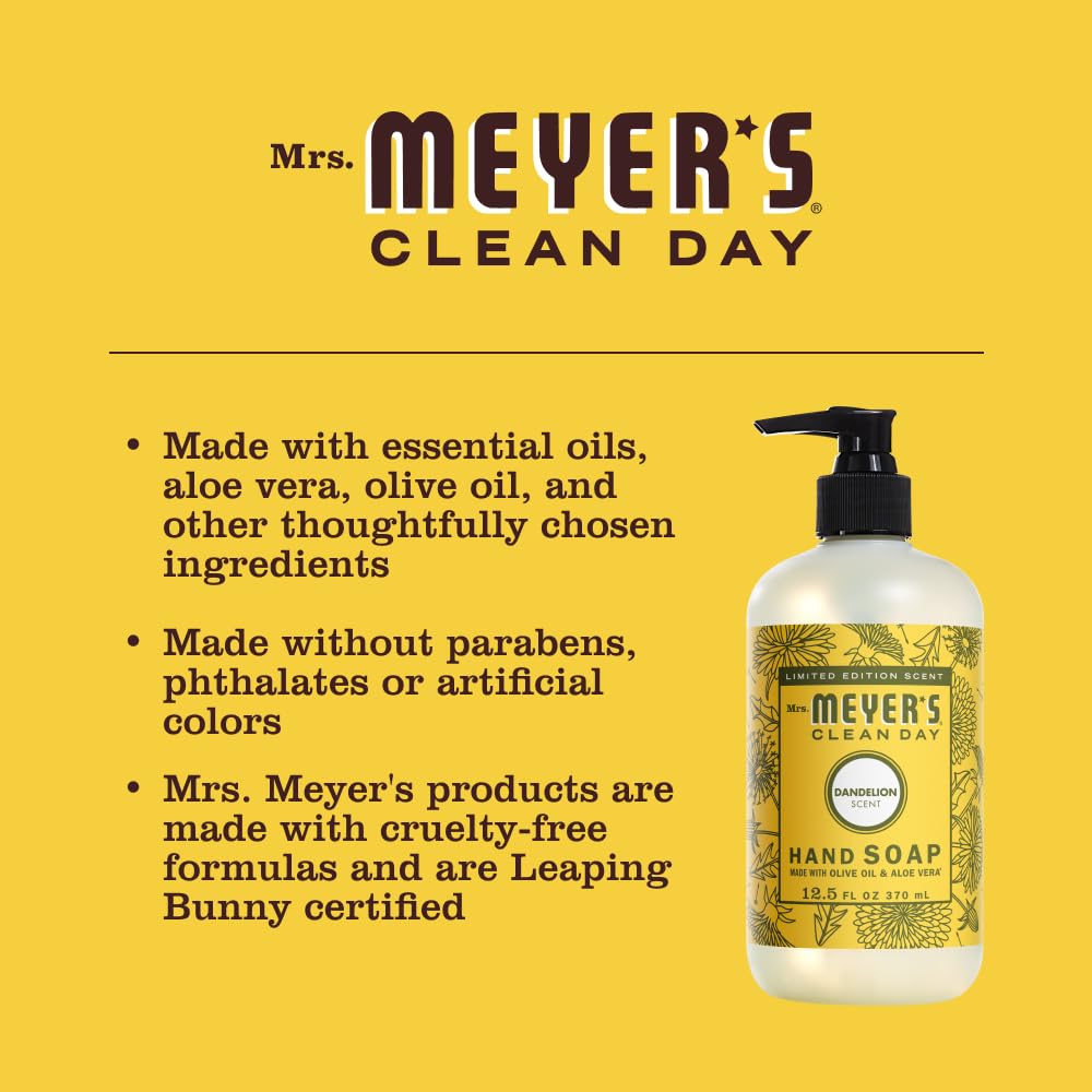 Mrs. MEYER'S soap bottle close-up of pump and label highlighting gentle formula details